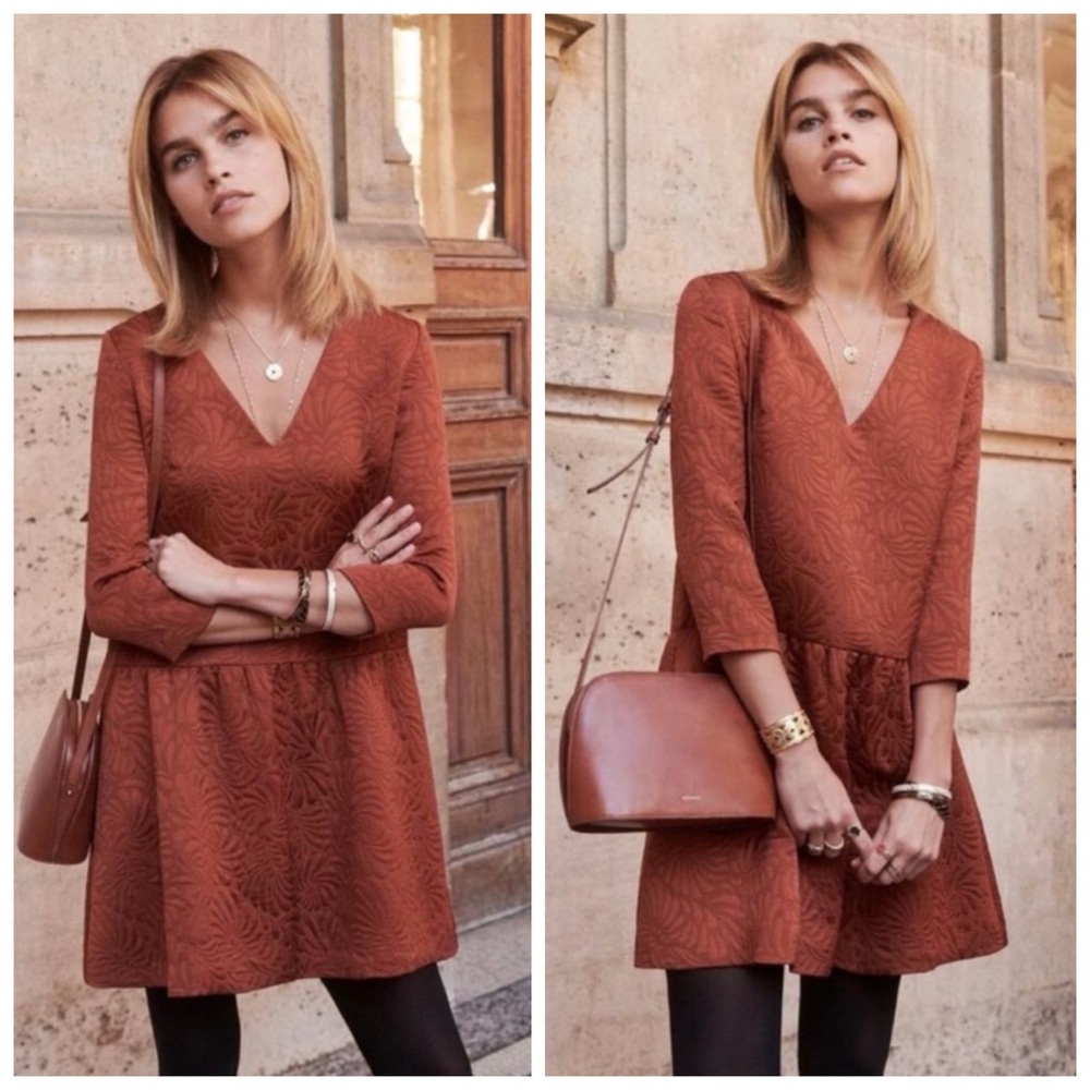Sezane Rust Textured V‑Neck Long Sleeve Mini Dress